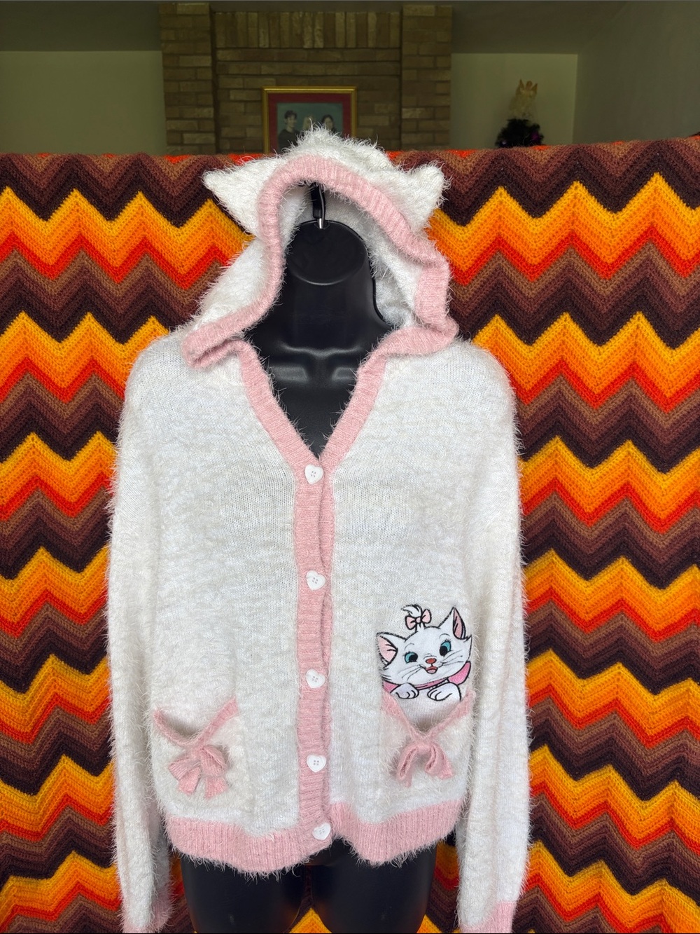 Disney The Aristocats Marie Hooded Cat Ears Botton Cardigan, XS, 21” PTP, 21” L